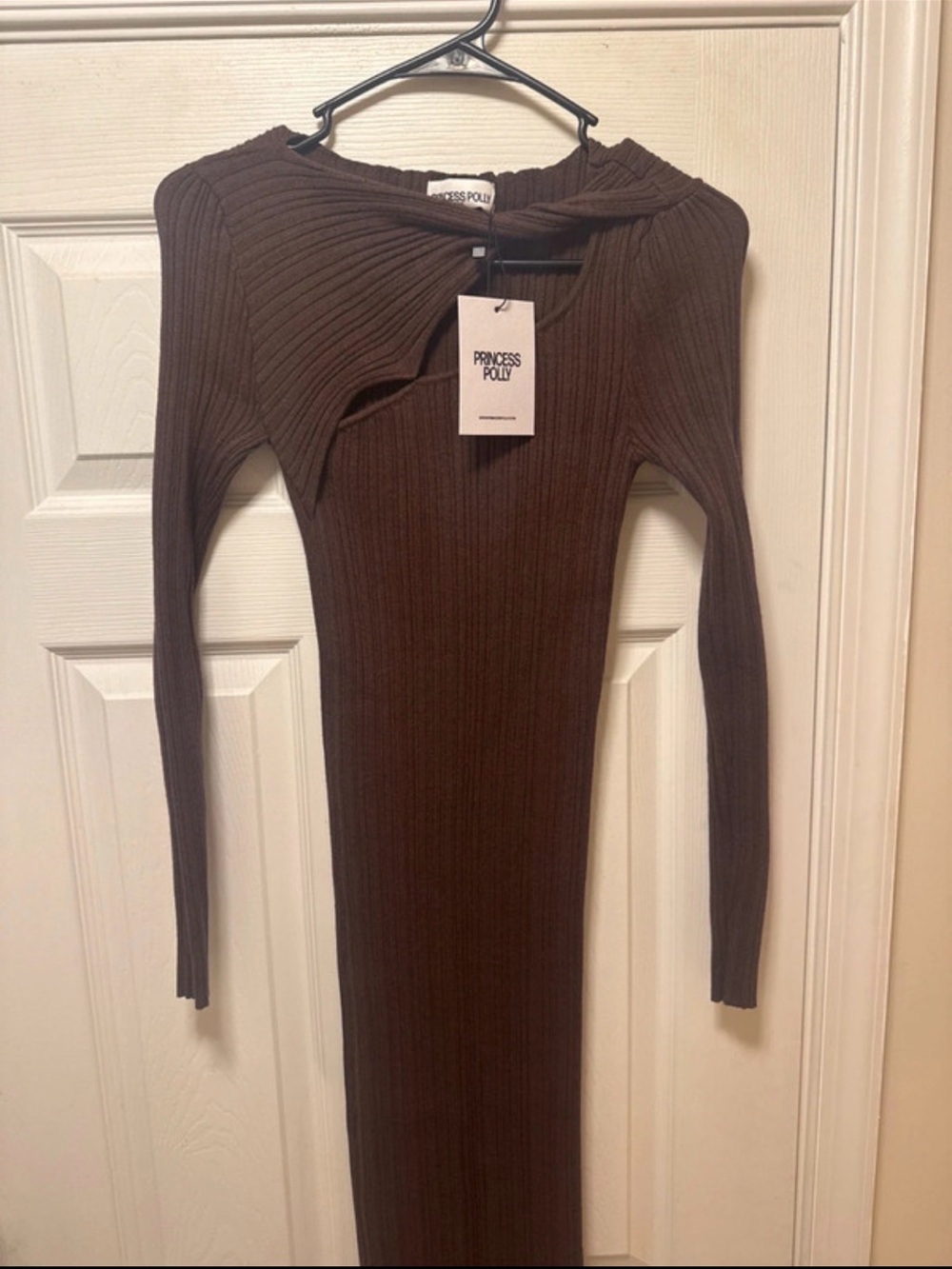 Princess Polly Brown Ribbed Long Sleeve Maxi Dress with Cutout Neckline